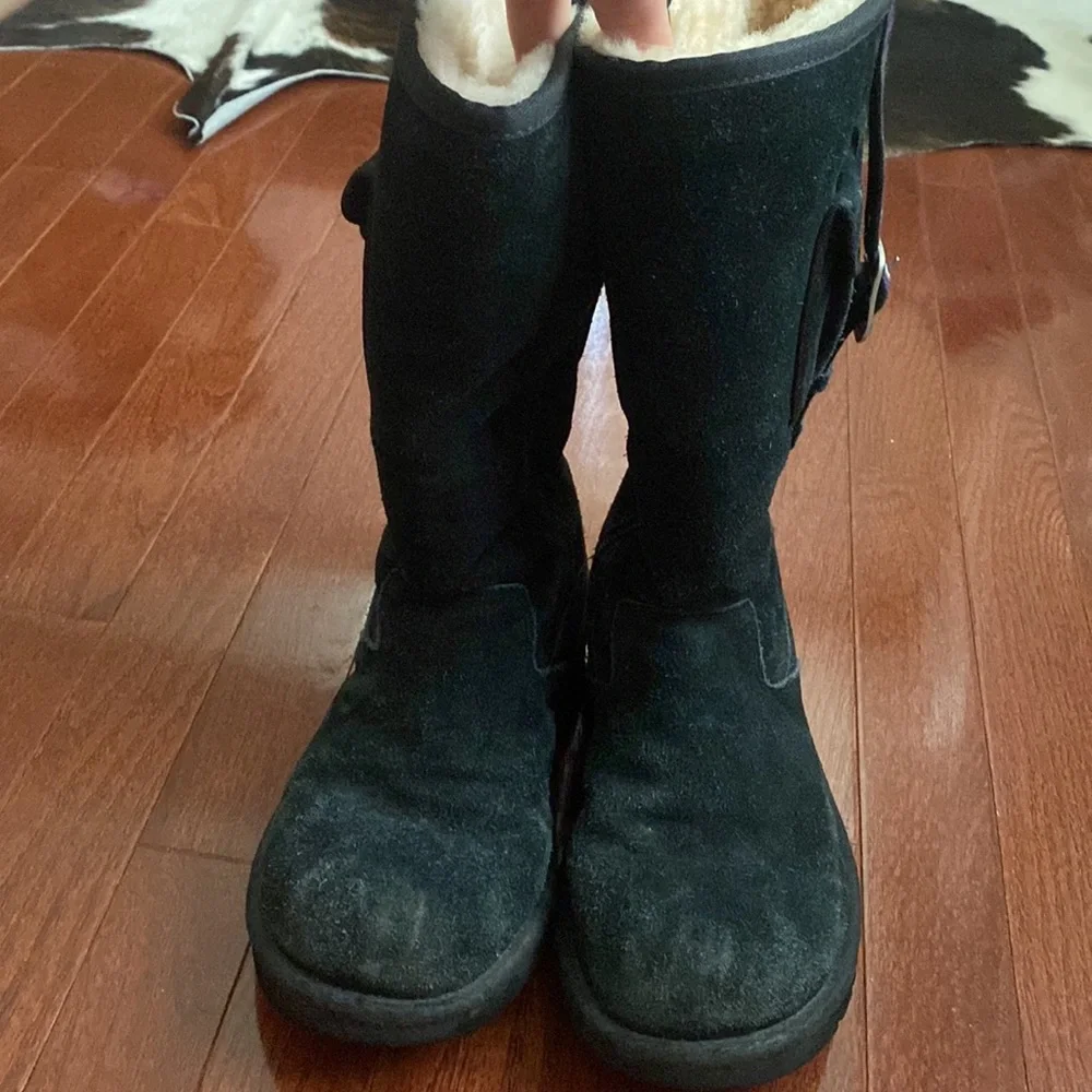 UGG Australia Tall Black Boots with Belted Purple Side Stripe and Side Pocket
